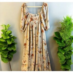 STORIA Remi Babydoll Floral Chiffon Maxi Ankle Dress Ballon elbow Sleeve Small